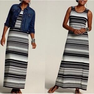 Chicos Maxi Dress Black White Stripe Sleeveless Tank Knit 3 XL 6 Long Casual